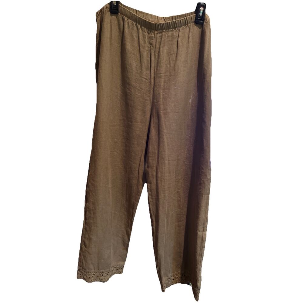 J Jill Womens Pants Medium Taupe 100% Linen Relaxed Pull On Crochet Casual Beach